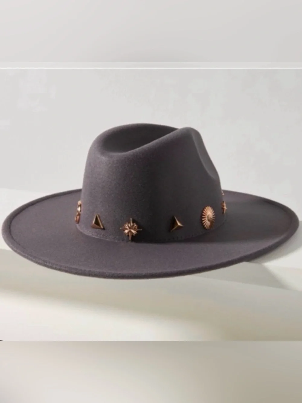 Anthropologie celestial stars moon Grey Felt Wide-Brim Hat with Gold Stud Accent